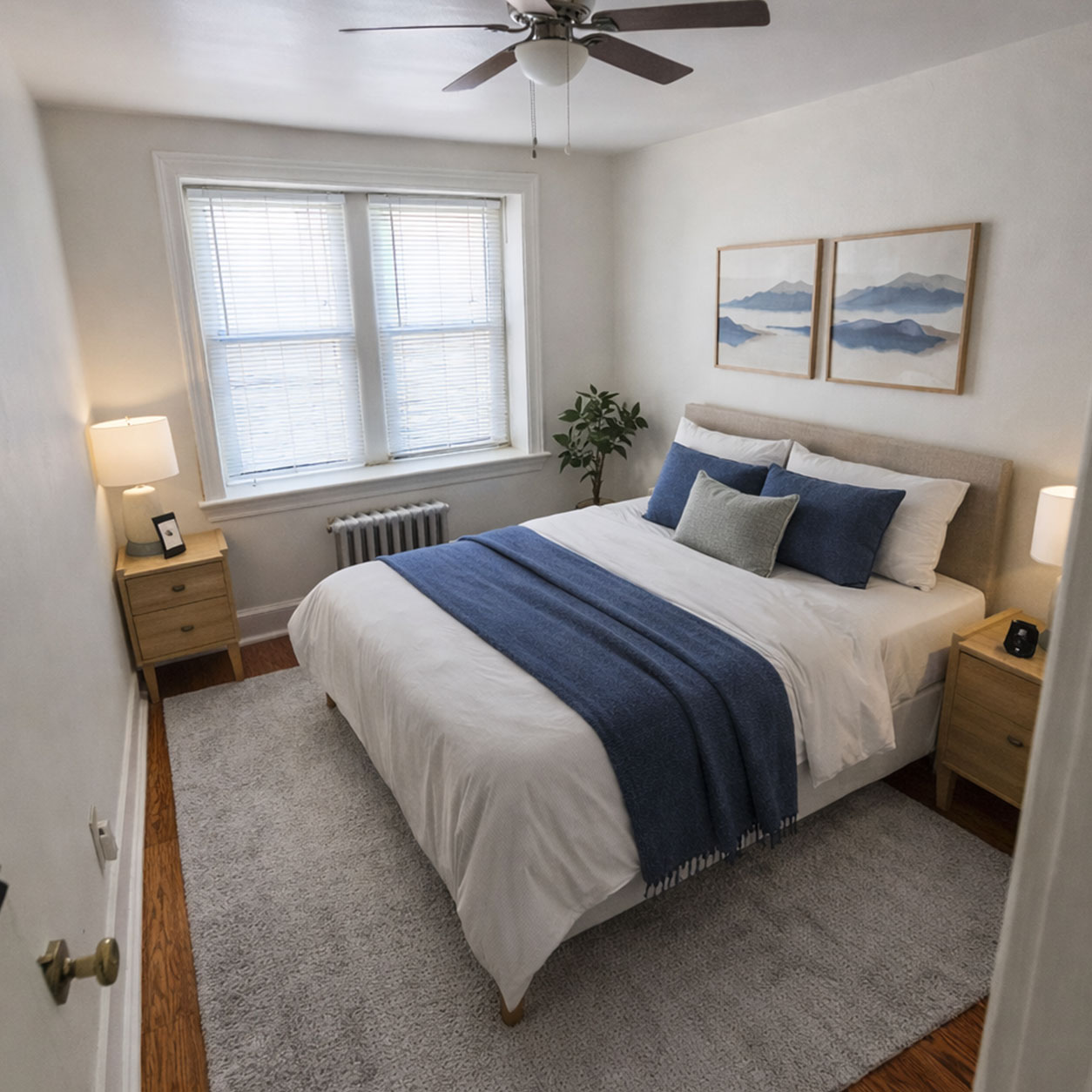 Renovated apartment bedroom with modern furnishings