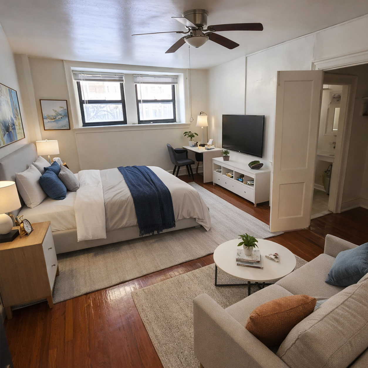 Spacious renovated apartment living room and bedroom