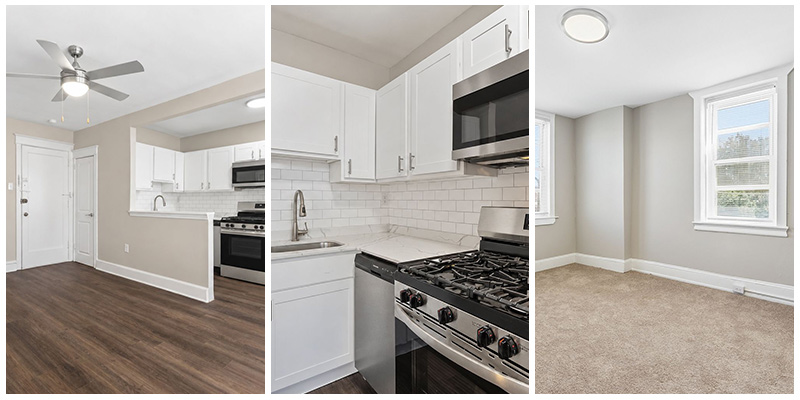 renovated apartment units showing a kitchen, bedroom and living area